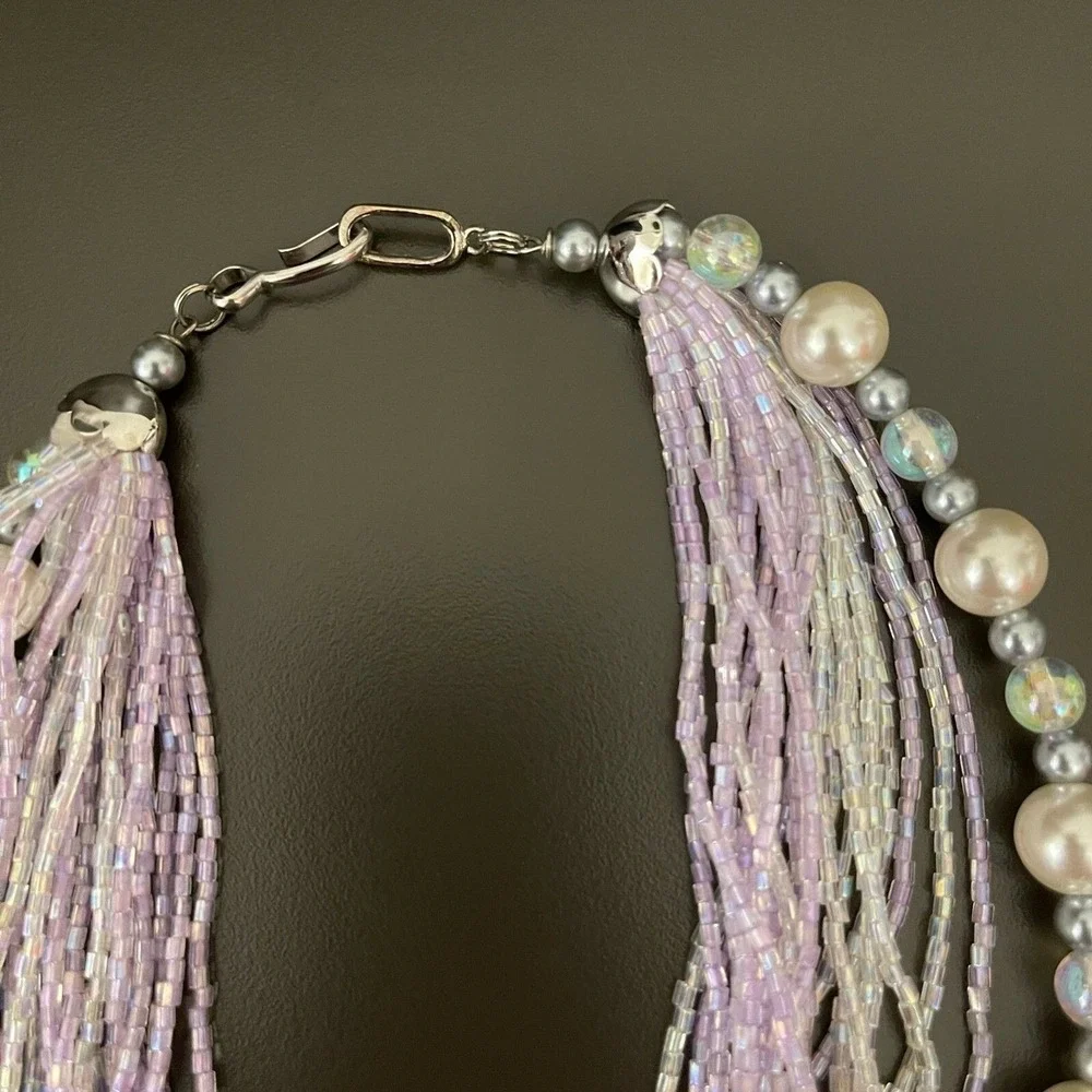 White Faux Pearl Gray Iridescent Seed Lavender Beads Multi-strands Necklace NWOT